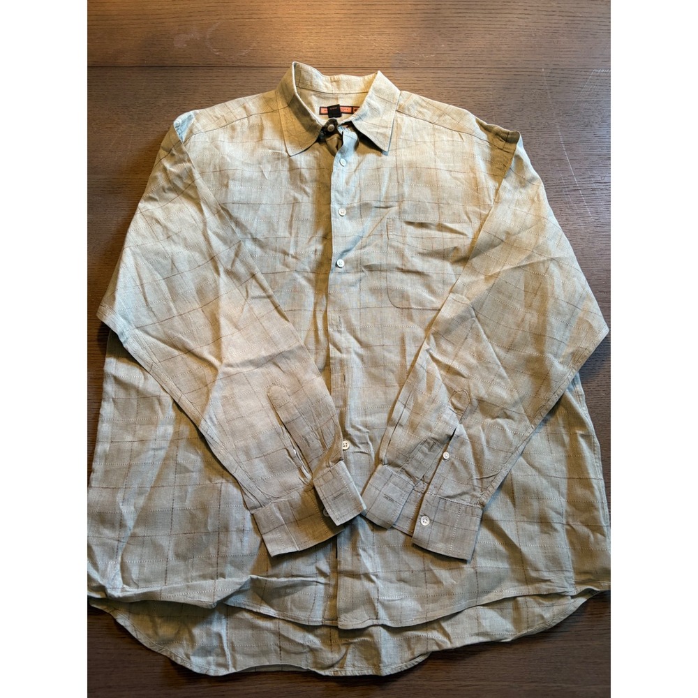 Bullock & Jones 100% Linen Button Down Shirt Mens XL Khaki Grid Made in Portugal